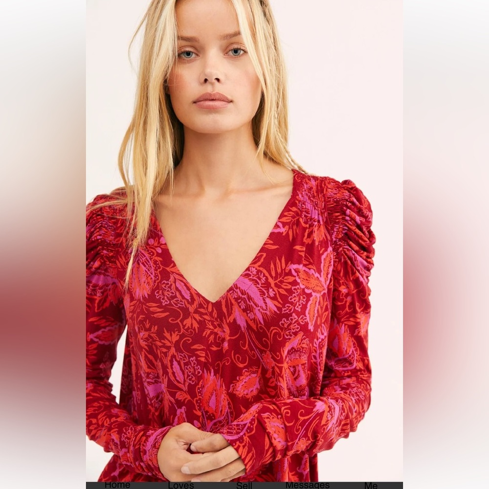 Free People Hello Lover Swing Tee Tunic Top w Puffed Shoulders + MEASUREMENTS!